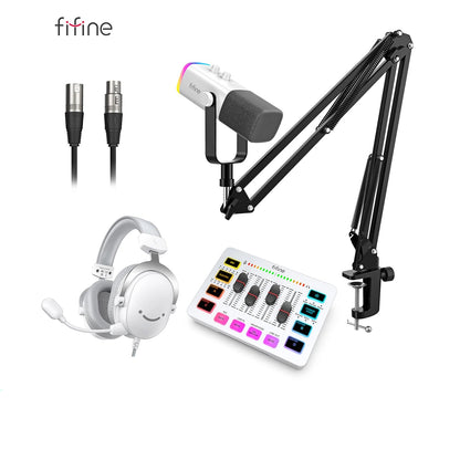Set of audio equipment including a microphone, headset, and control panel on a white background with 'fifine' branding.