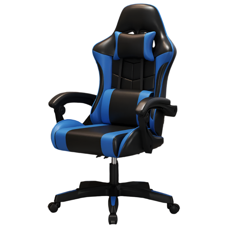 Black and blue office chair in a home office setting with a desk and computer setup.