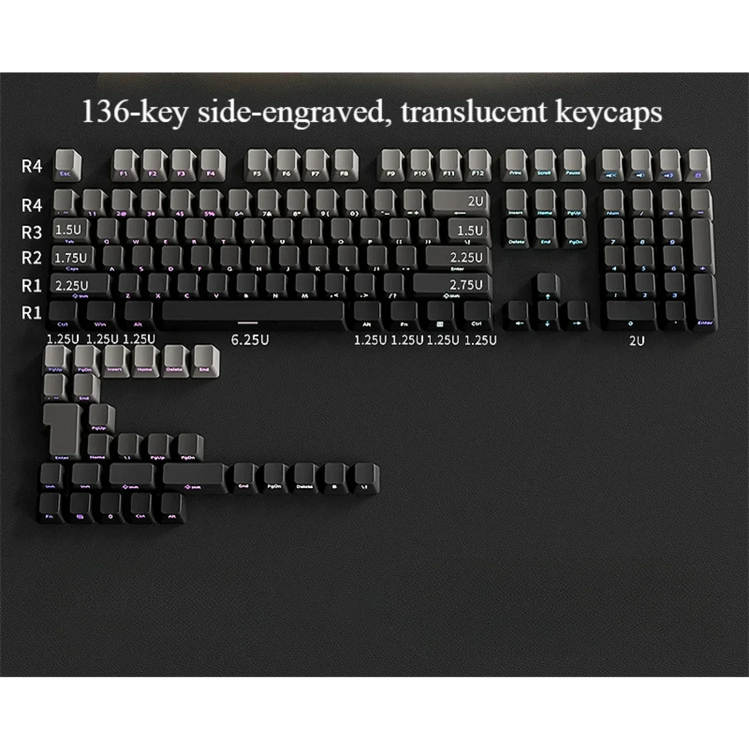 Keyboard with engraved keycaps on a black background