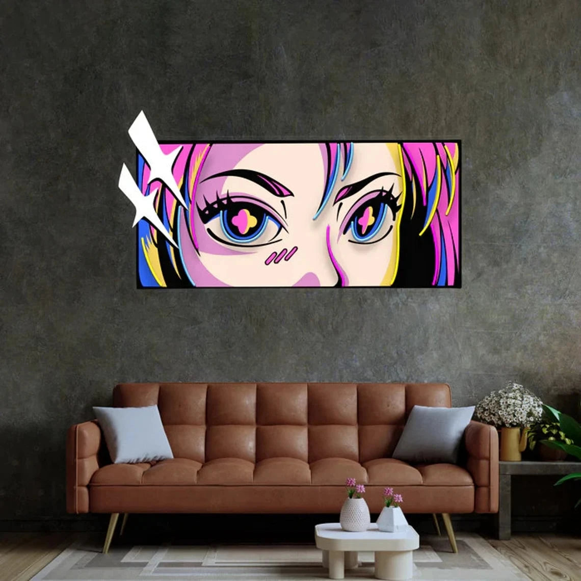 Colorful abstract art piece on a dark wall above a brown sofa.