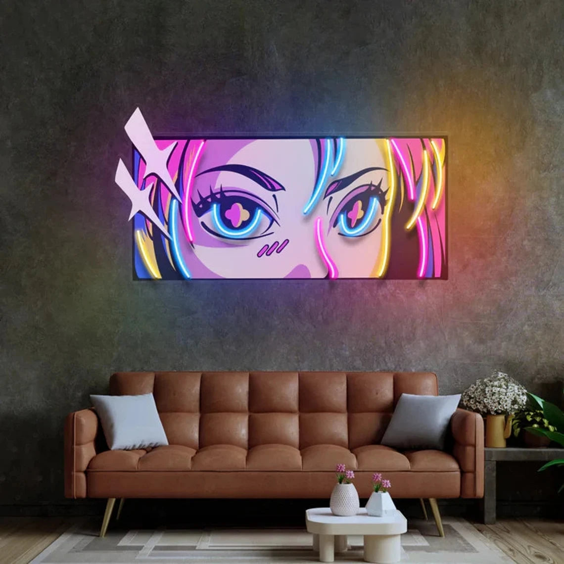 Neon art of a stylized face on a wall above a brown sofa in a room.