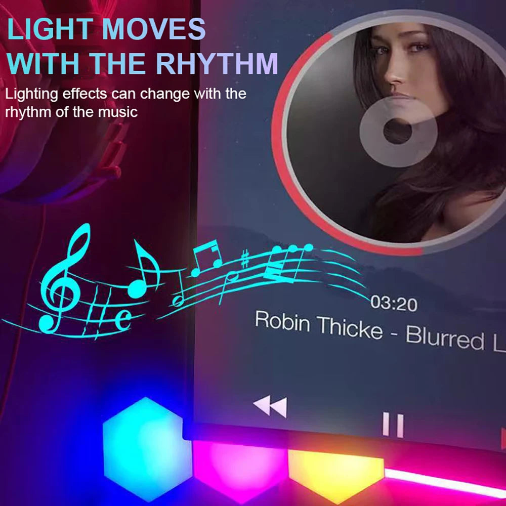 Music player interface with a woman's face, music notes, andRobin Thicke's 'Blurred Lines' playing.