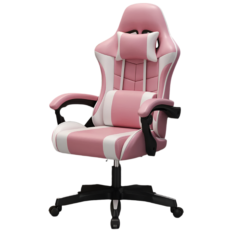Pink and white office chair in a home office setting with a desk and shelves.