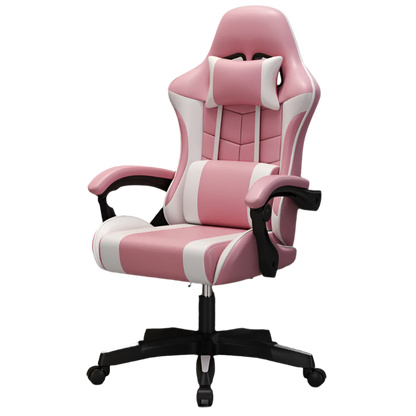 Pink and white office chair in a home office setting with a desk and shelves.