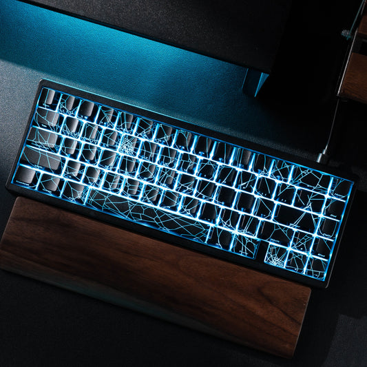 Mechanical keyboard with blue backlight on a dark surface