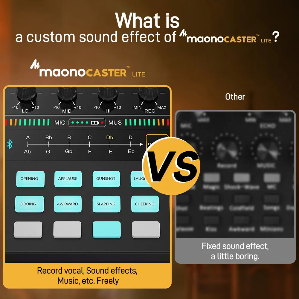 Comparison of maonoCASTER LITE sound effect device with 'Other' option on a brown background.