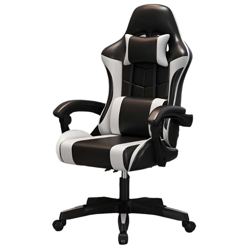 Black and white office chair in a home office setting with a desk and shelves.