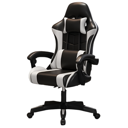 Black and white office chair in a home office setting with a desk and shelves.
