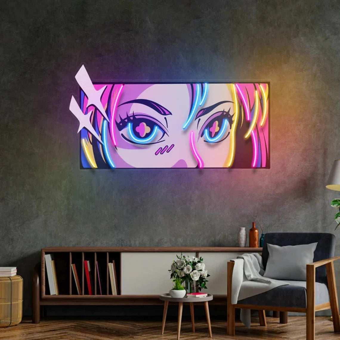Neon art of a stylized face on a wall in a modern living room.