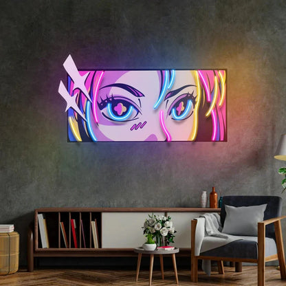 Neon art of a stylized face on a wall in a modern living room.