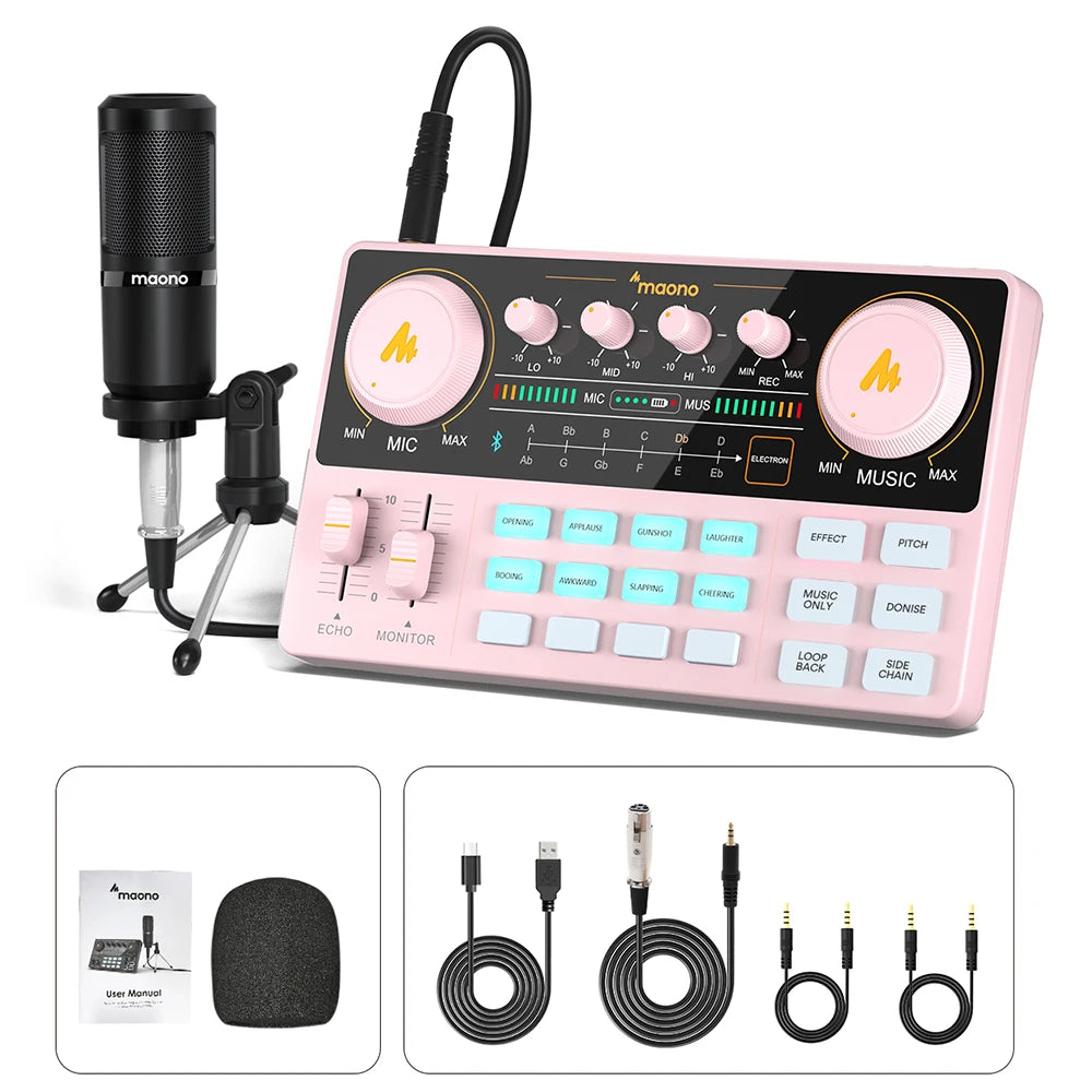 Pink audio control panel with microphone and cables on a white background