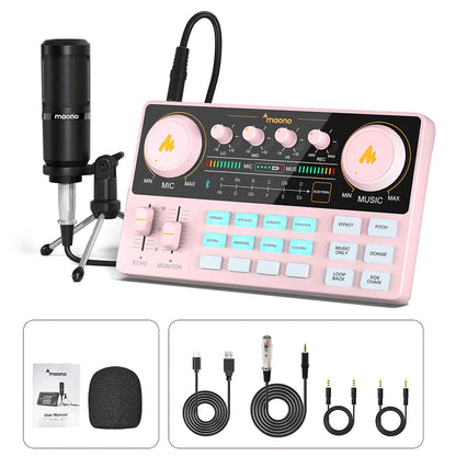 Pink audio control panel with microphone and cables on a white background