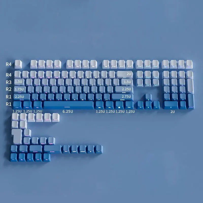 Blue mechanical keyboard with labeled key dimensions on a blue background