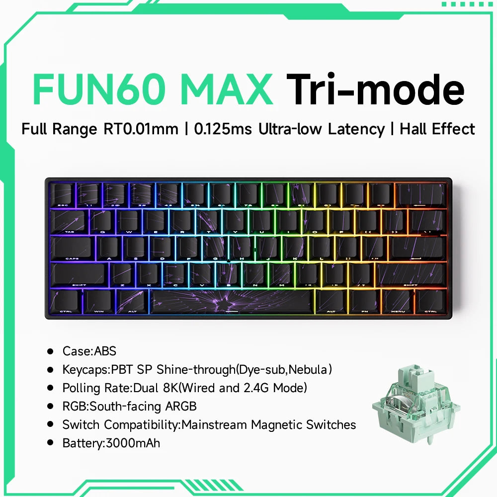 Gaming keyboard with RGB lighting and technical specifications on a white background