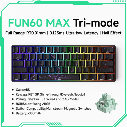 Gaming keyboard with RGB lighting and technical specifications on a white background