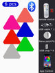 Colorful triangular lights with Bluetooth symbol, remote control, USB cable, nano patch, and USB chip on a white background.