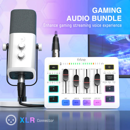 Gaming audio bundle with microphone and mixer on a colorful background