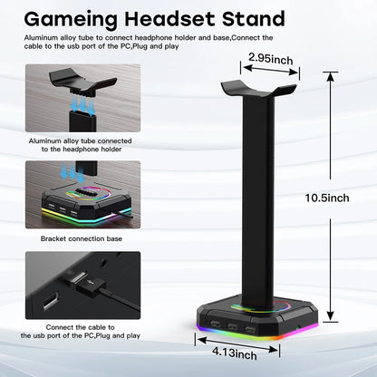 Gameking Headset Stand with dimensions and features on a white background