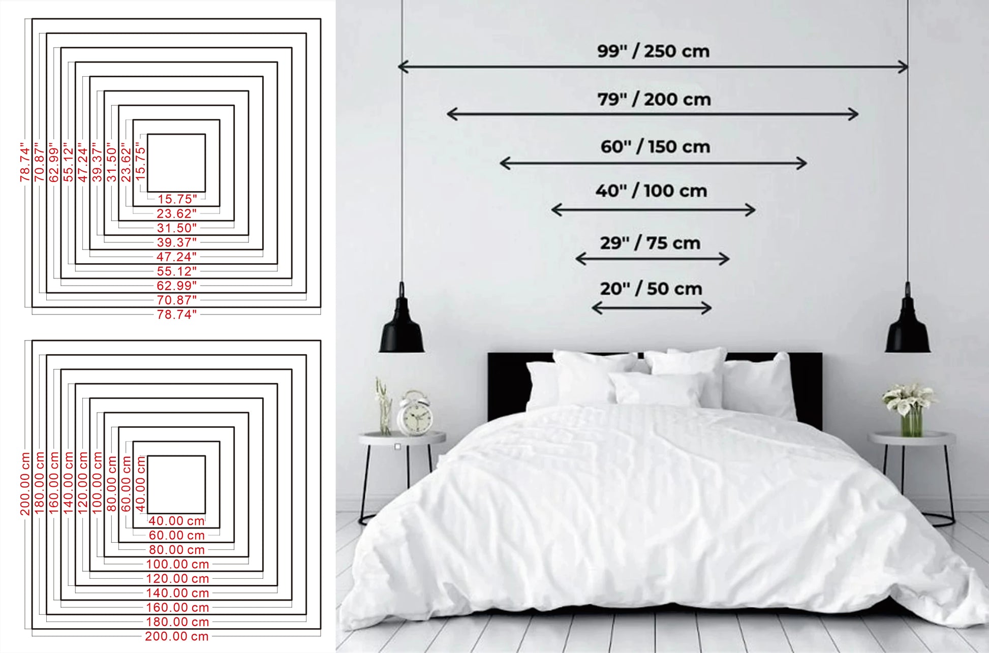 Bedding set with measurements on a white bedroom background