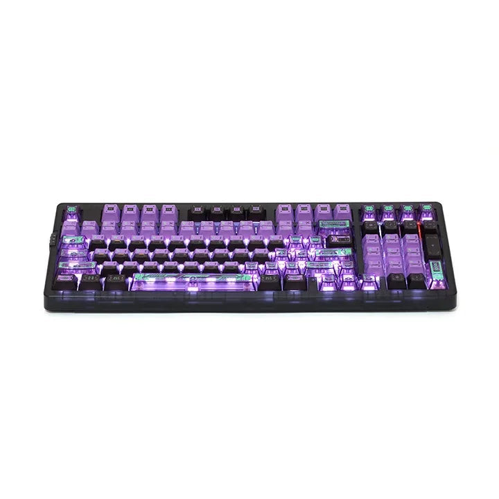 Mechanical keyboard with purple backlighting on a white background