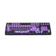 Mechanical keyboard with purple backlighting on a white background