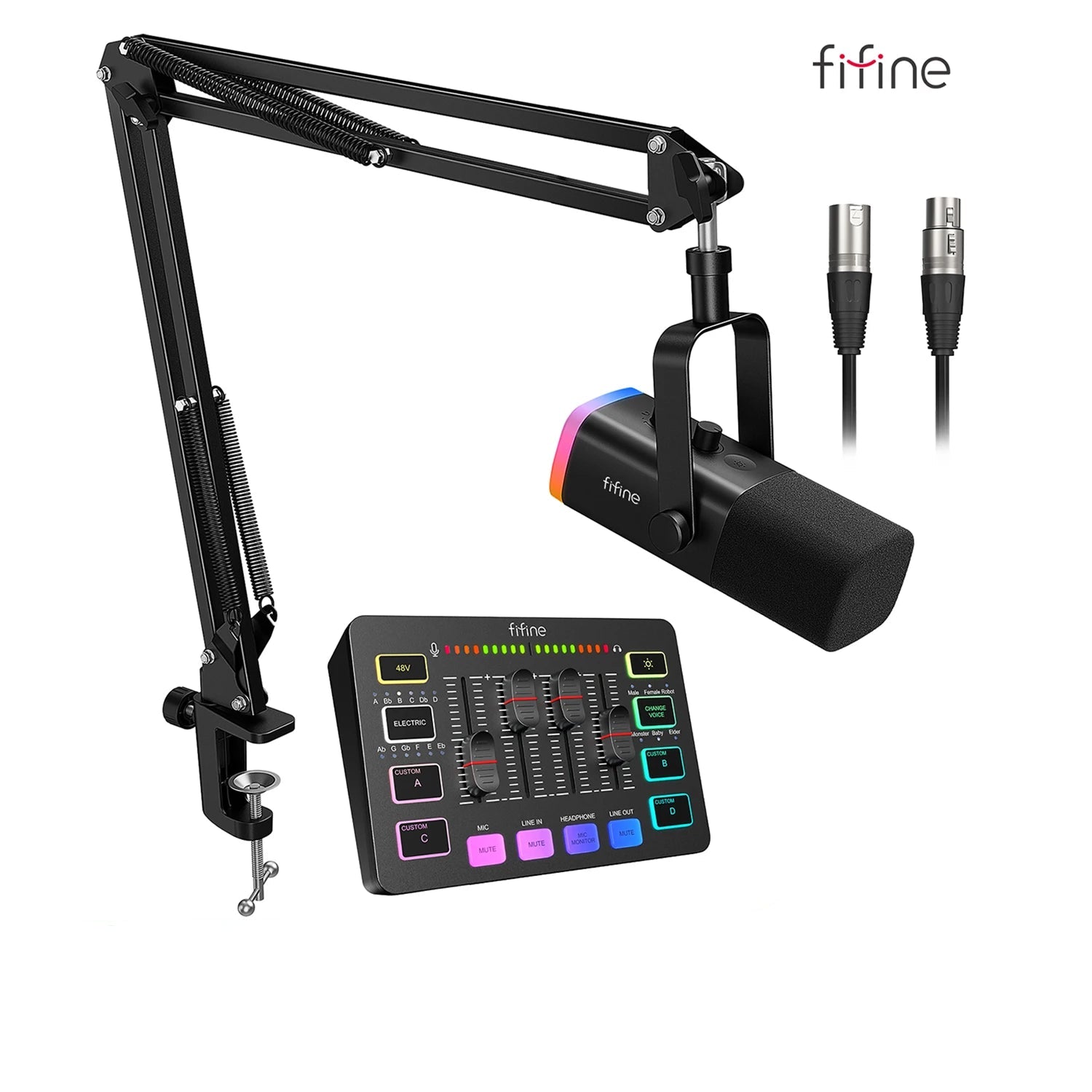 Fifine studio microphone setup with arm, light, and control panel on a white background
