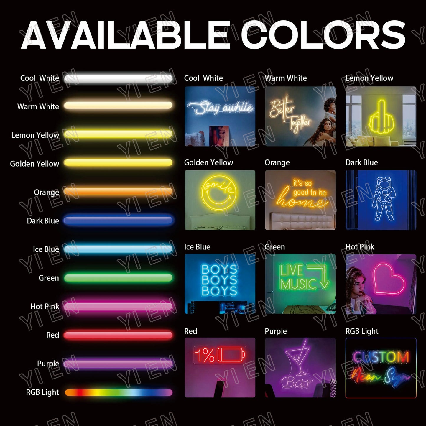 Color options for neon signs with images and text examples.