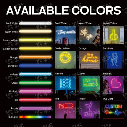 Color options for neon signs with images and text examples.