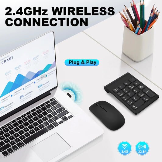 Laptop with wireless mouse and keyboard on a desk, emphasizing 2.4GHz wireless connection.