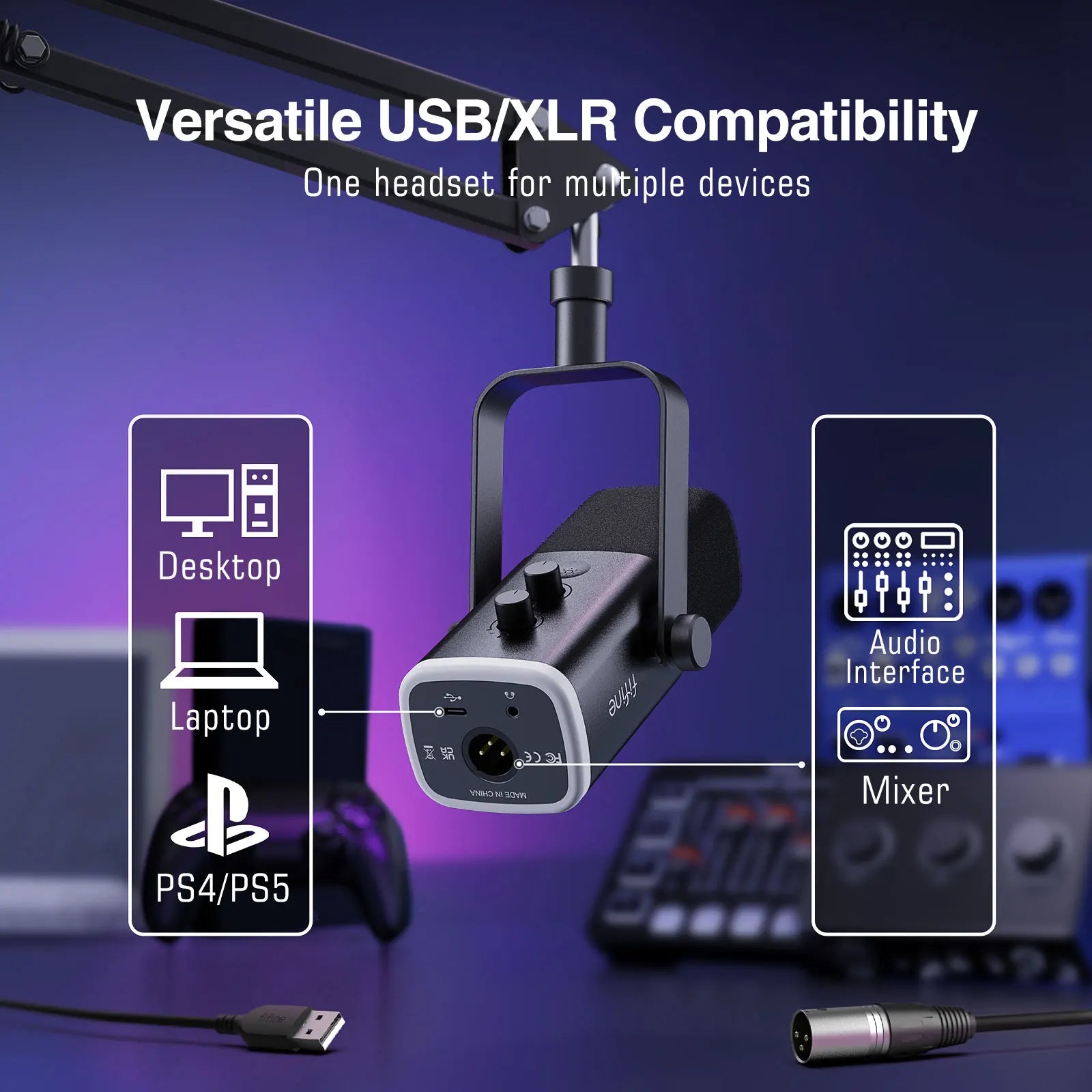 Headset with USB and XLR compatibility on a dark background