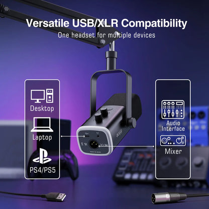 Headset with USB and XLR compatibility on a dark background