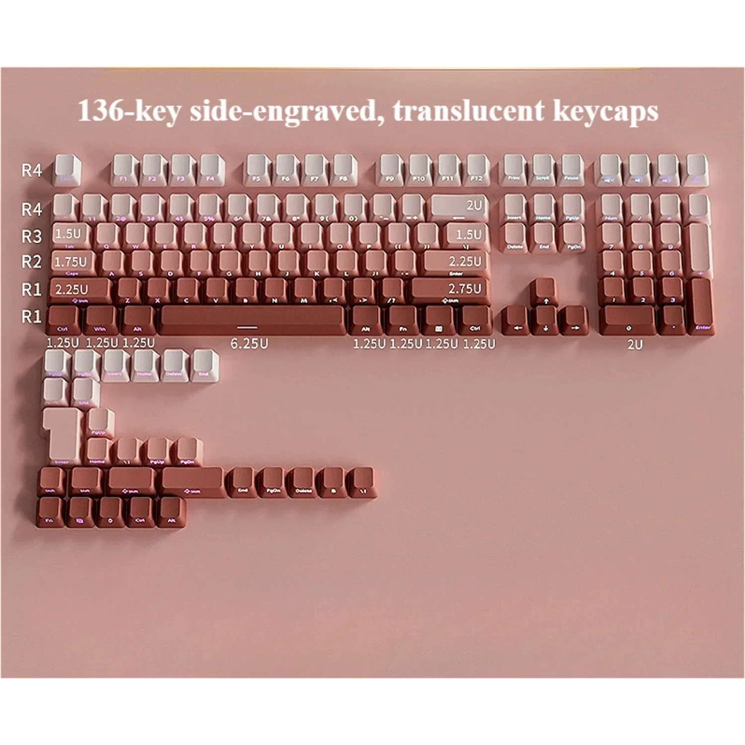 Keyboard with side-engraved, translucent keycaps on a pink background