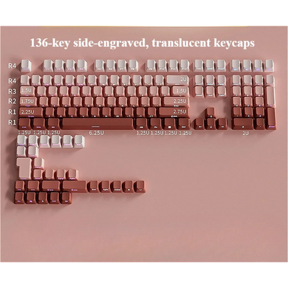 Keyboard with side-engraved, translucent keycaps on a pink background