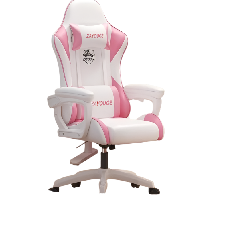 White and pink gaming chair with 'ZAYOUGE' branding on a white background