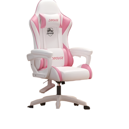 White and pink gaming chair with 'ZAYOUGE' branding on a white background