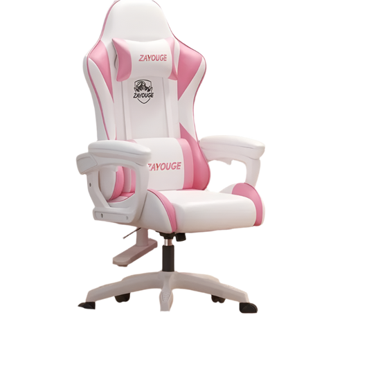 White and pink gaming chair with 'ZAYOUGE' branding on a white background