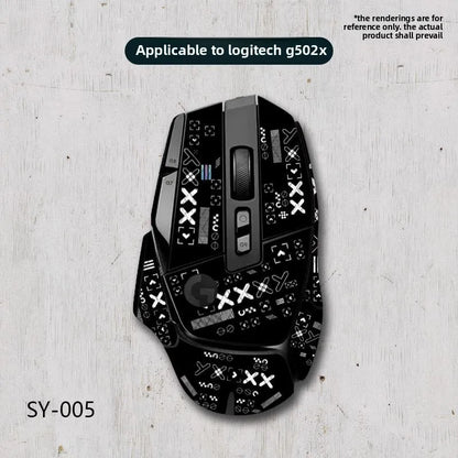 Black gaming mouse with white symbols on a gray textured background