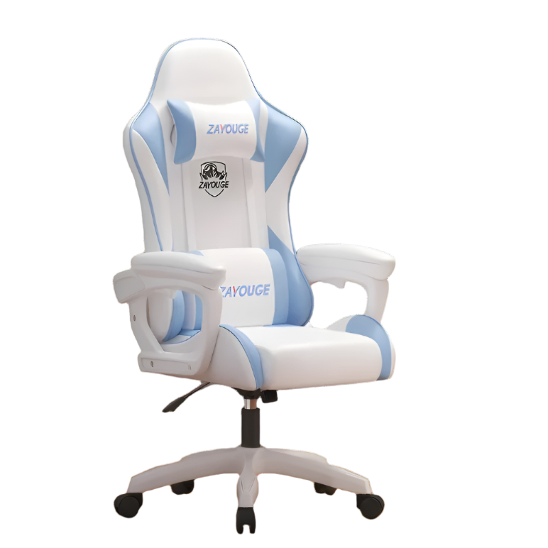 White and blue gaming chair with 'ZAYOUGE' branding in a room with a computer setup.