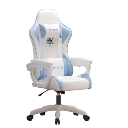 White and blue gaming chair with 'ZAYOUGE' branding in a room with a computer setup.