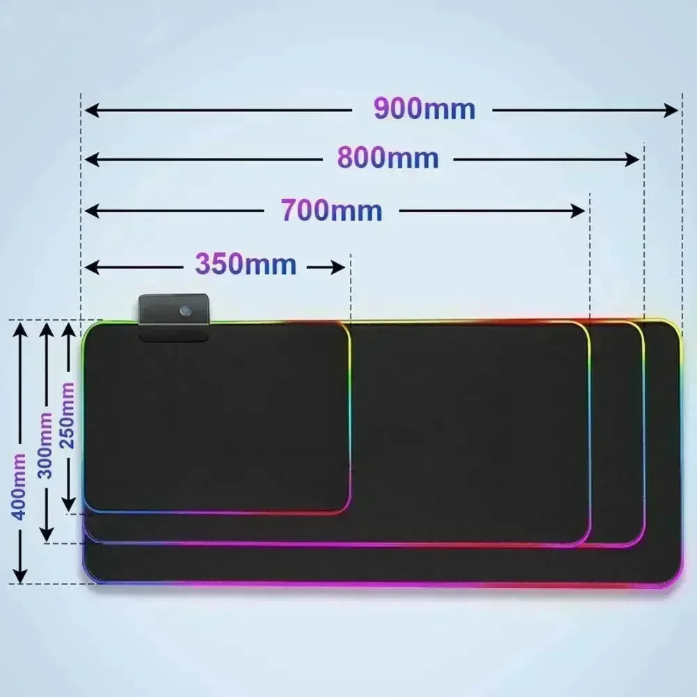 Gaming mouse pad with dimensions labeled on a light blue background