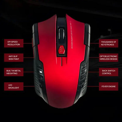 Red gaming mouse with features listed on a black background