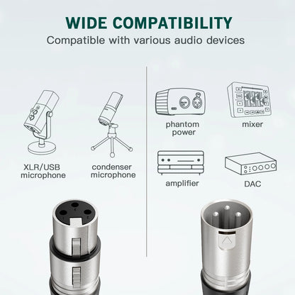 Audio connectors with compatibility icons for XLR/USB microphone, condenser microphone, phantom power, amplifier, mixer, and DAC on a light gray background.