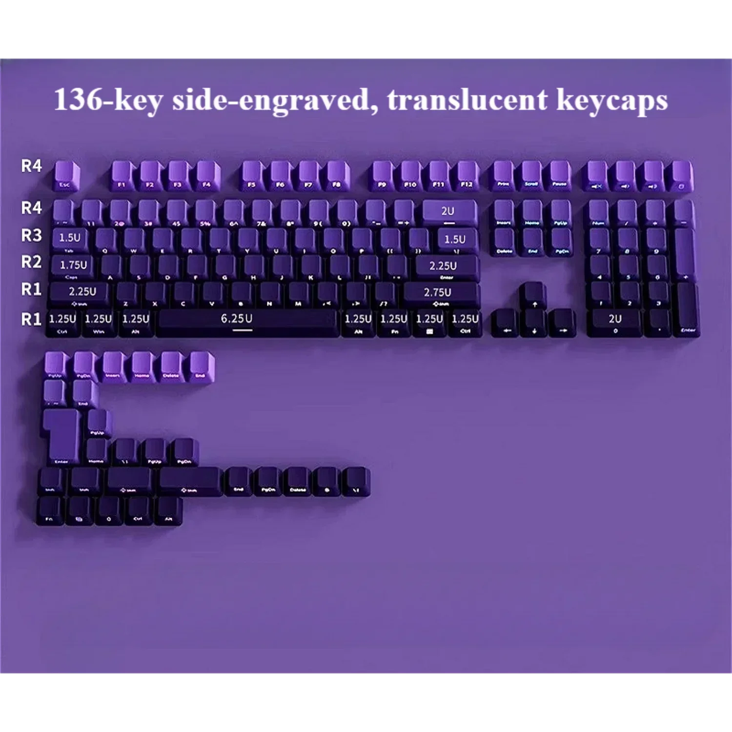 Purple keyboard with side-engraved, translucent keycaps on a purple background