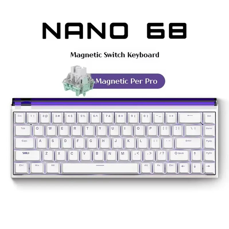 NANO 68 magnetic switch keyboard with a close-up of a switch on a white background