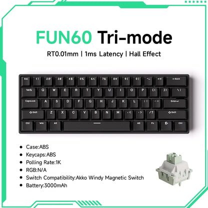 Black keyboard with text detailing features on a white background