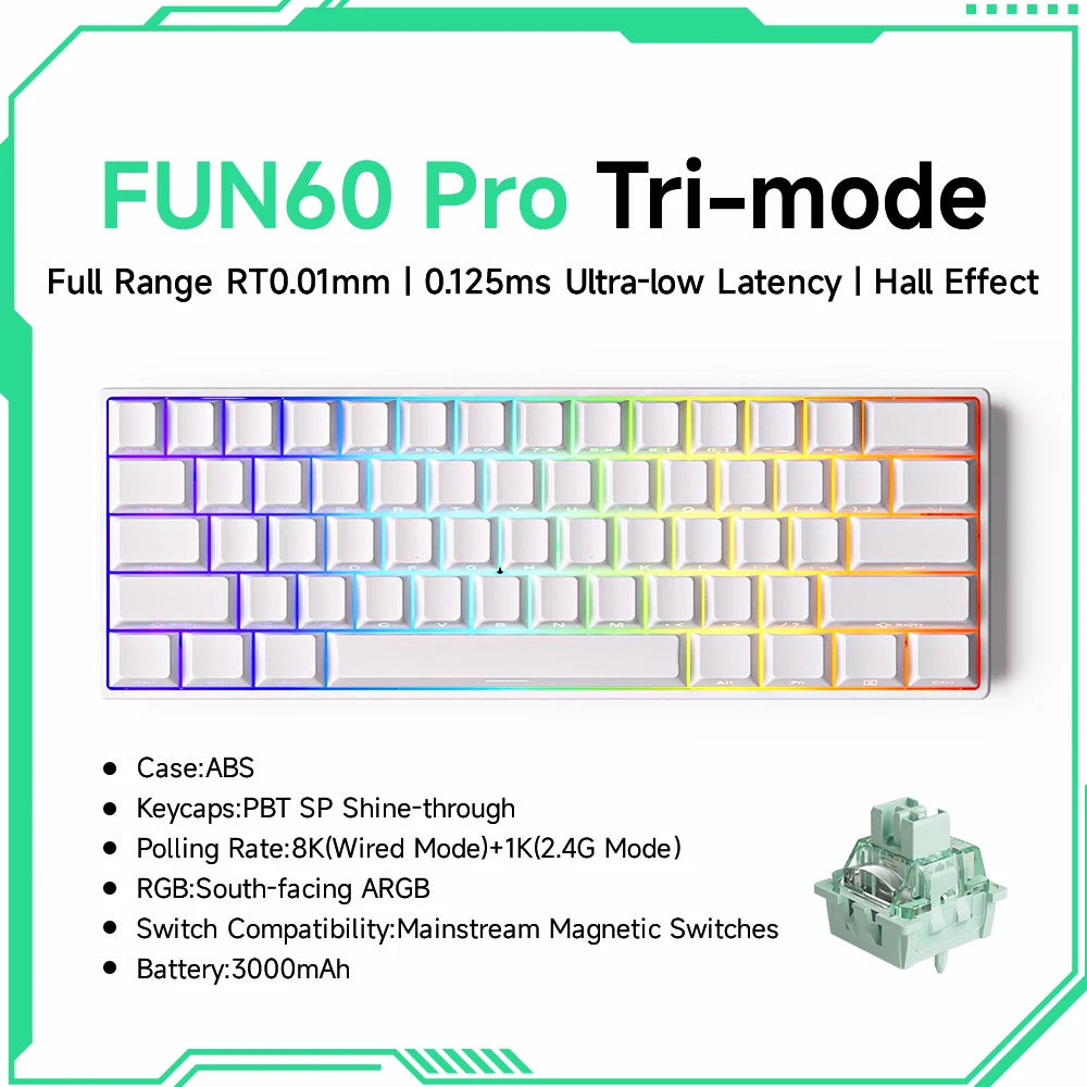 Keyboard with colorful keycaps on a white background, featuring text about its features.