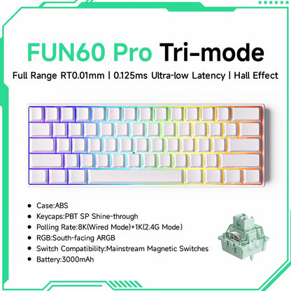 Keyboard with colorful keycaps on a white background, featuring text about its features.