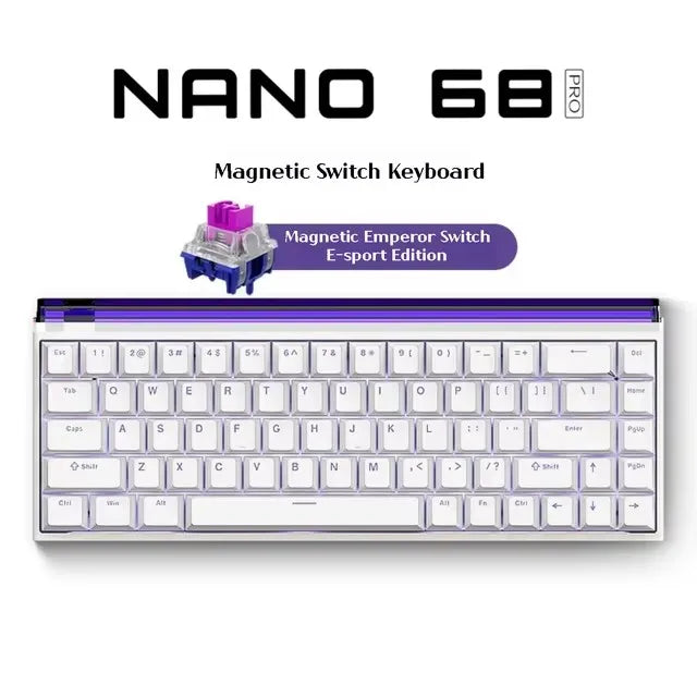 NANO 68 PRO magnetic switch keyboard with a close-up of a switch on a white background