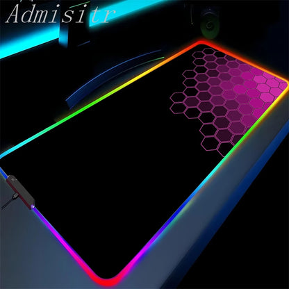 Gaming mouse pad with RGB lighting and honeycomb pattern on a dark background