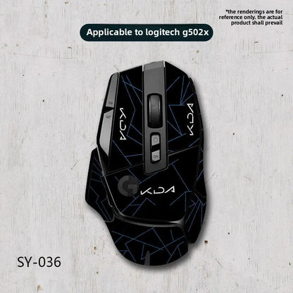 Black gaming mouse with KDA branding on a light gray background
